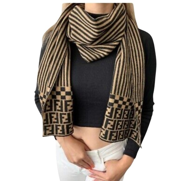 FENDI Zucca Print Wool 100% Scarf Beige Black - Picture 3 of 9